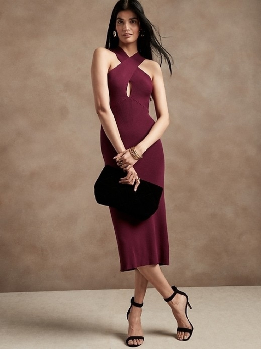 Banana Republic Sleeveless Cross-Neck Midi Dress in Plum